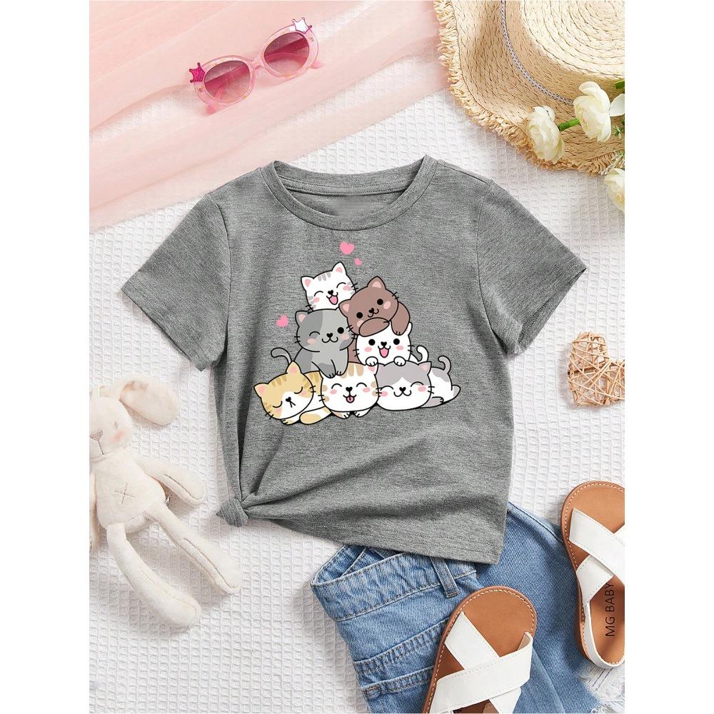 2026 casual and comfortable children s clothing, small dog print solid color round neck short sleeved top T-shirt S