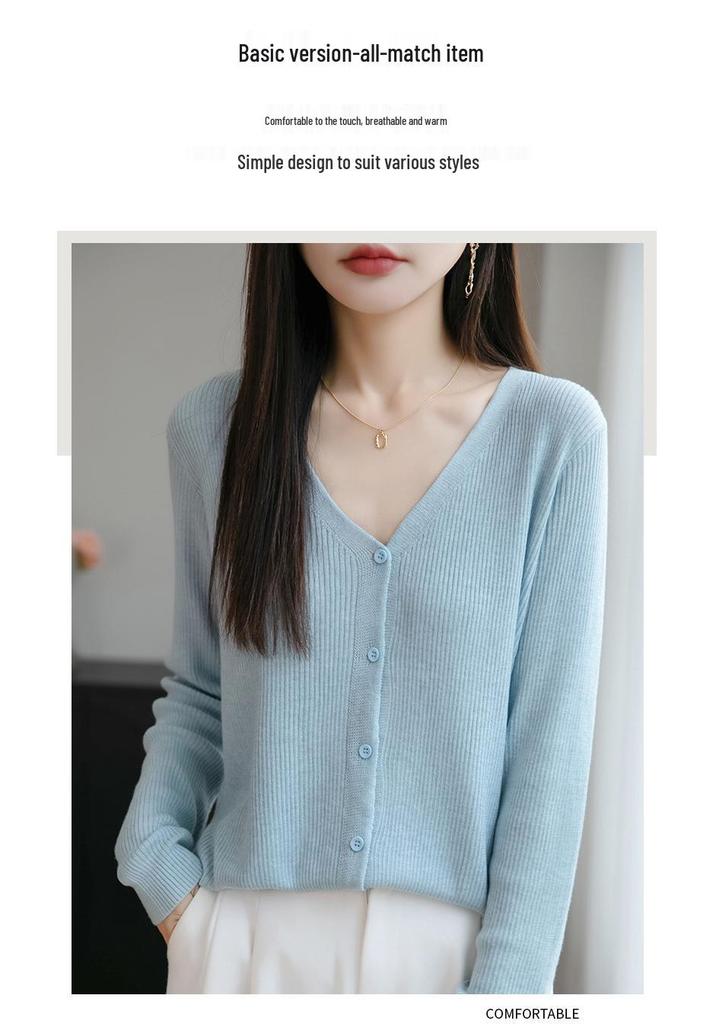 Versatile Fashion Wool V-Neck Ribbed Cardigan Sweater, Long Sleeve Top
