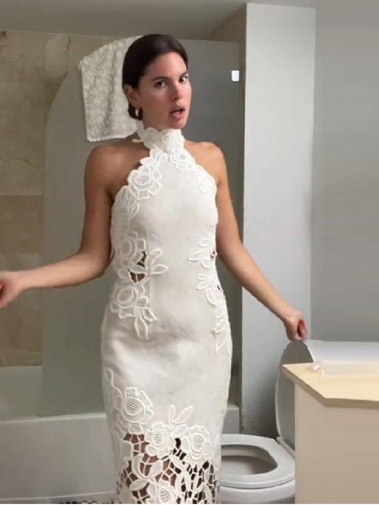 2026 Spring/Summer Elegant Sleeveless Halter Floral Embroidery Linen Dress for Women