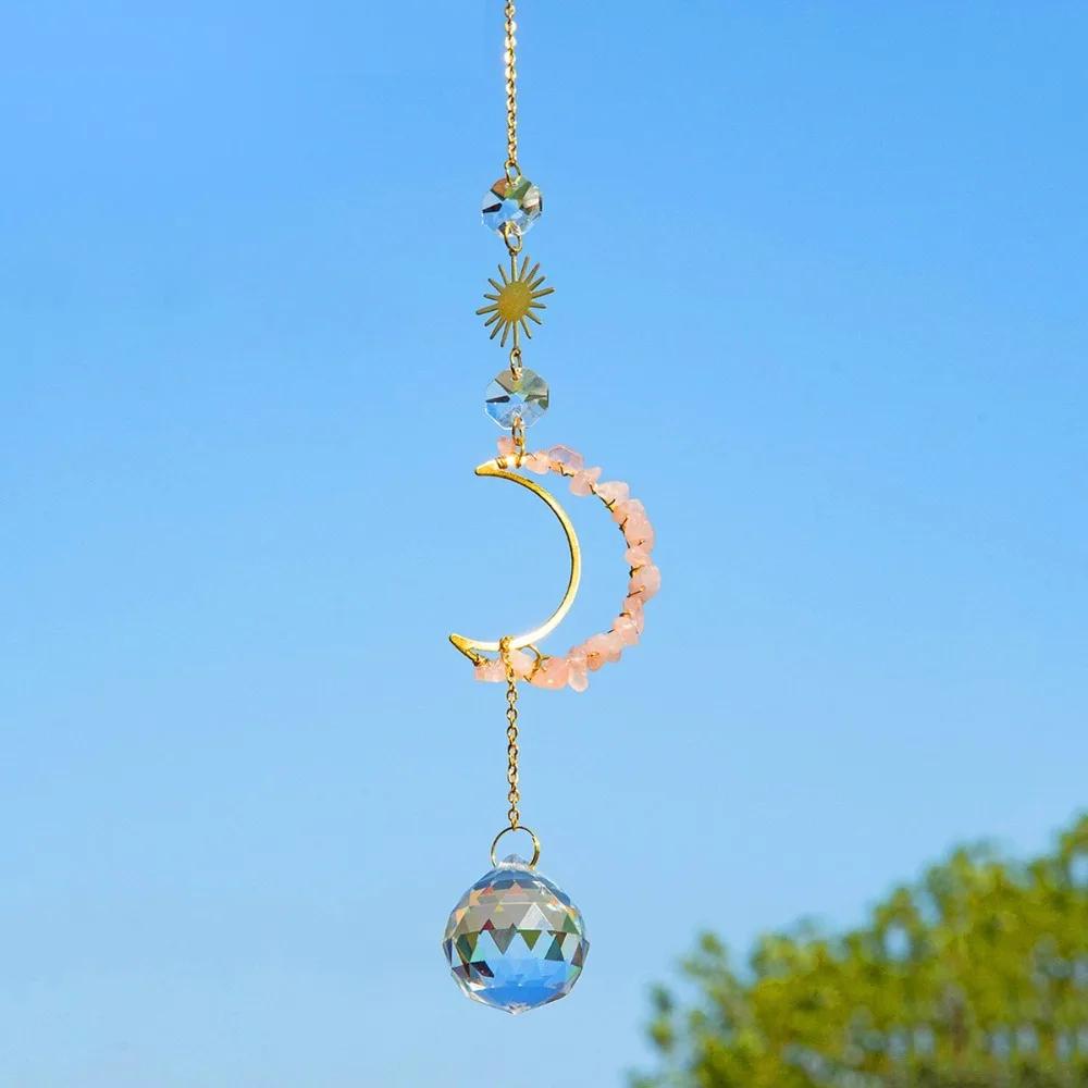 New Crystal Wall Hanging Crystal Suncatcher Raw Stone Shape of the Moon Crystal Wind Chime Colourful Moon Prism Pendant Garden