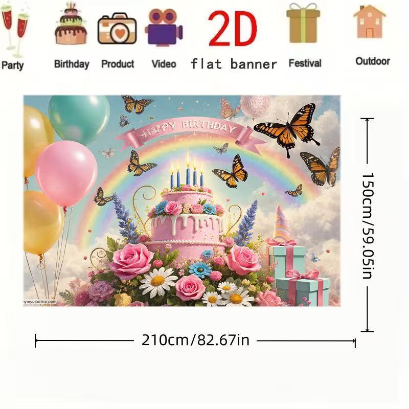 2D Whimsical Rainbow Backdrop, Happy Birthday with Butterflies & Cake Party Background