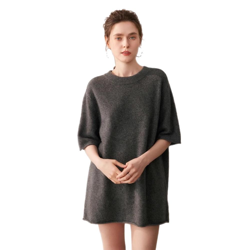 Elegant Women's Cashmere Round Neck Medium Length Short Sleeve Pullover