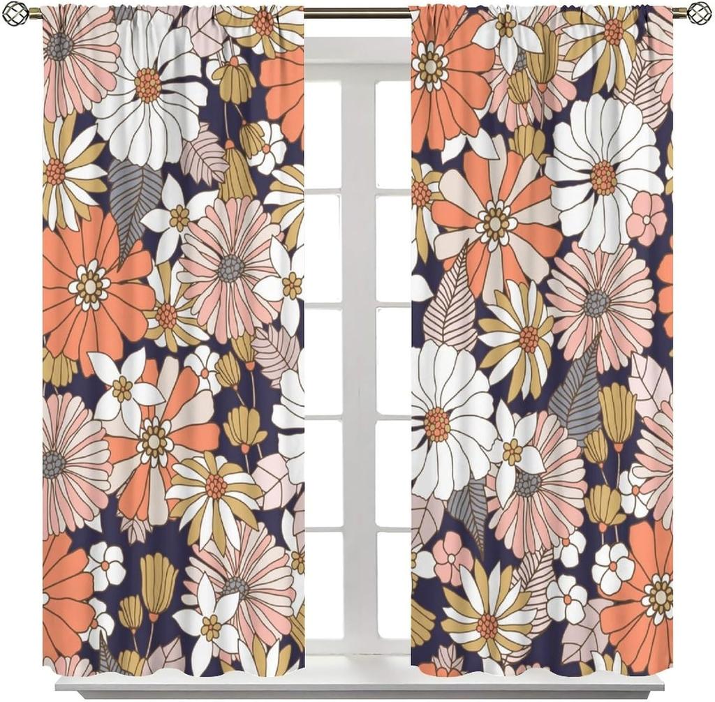 "Floral Bloom" Curtains – Orange, White & Beige Flowers on Navy Background, Rod Pocket Drapes for Living Room or Bedroom