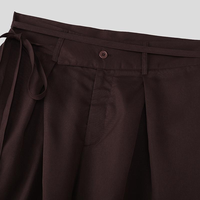 INCERUN Men Bandage Zip-up Waist Long Wide Leg Pants Casual Pockets Trousers