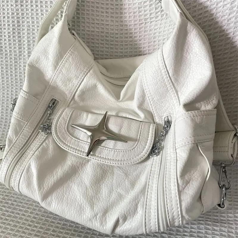 Y2k Large Capacity Shoulder Bag White Pu Leather Star Handbag American Style Punk Goth Fashion Simple Designer Handbag Tote Bag