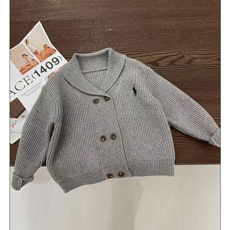 

Boys 2024 Autumn Korean Style Retro Lapel Double-Breasted Knit Cardigan Sweater 140 сірий колір