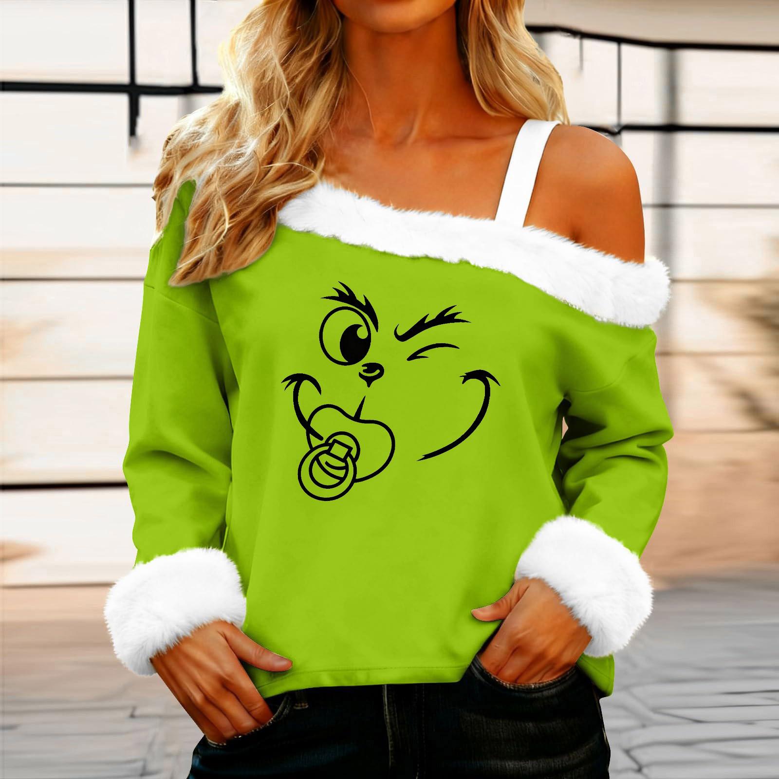 

Женская повседневная модная сексуальная футболка с открытыми плечами, рождественским узором, длинным рукавом и круглым вырезом XL зелёный