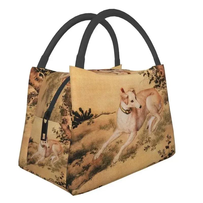 Chinese Style Painting Greyhound Sighthound Insulated Lunch Bags for Camping Travel Whippet Dog Thermal Cooler Bento Box Women