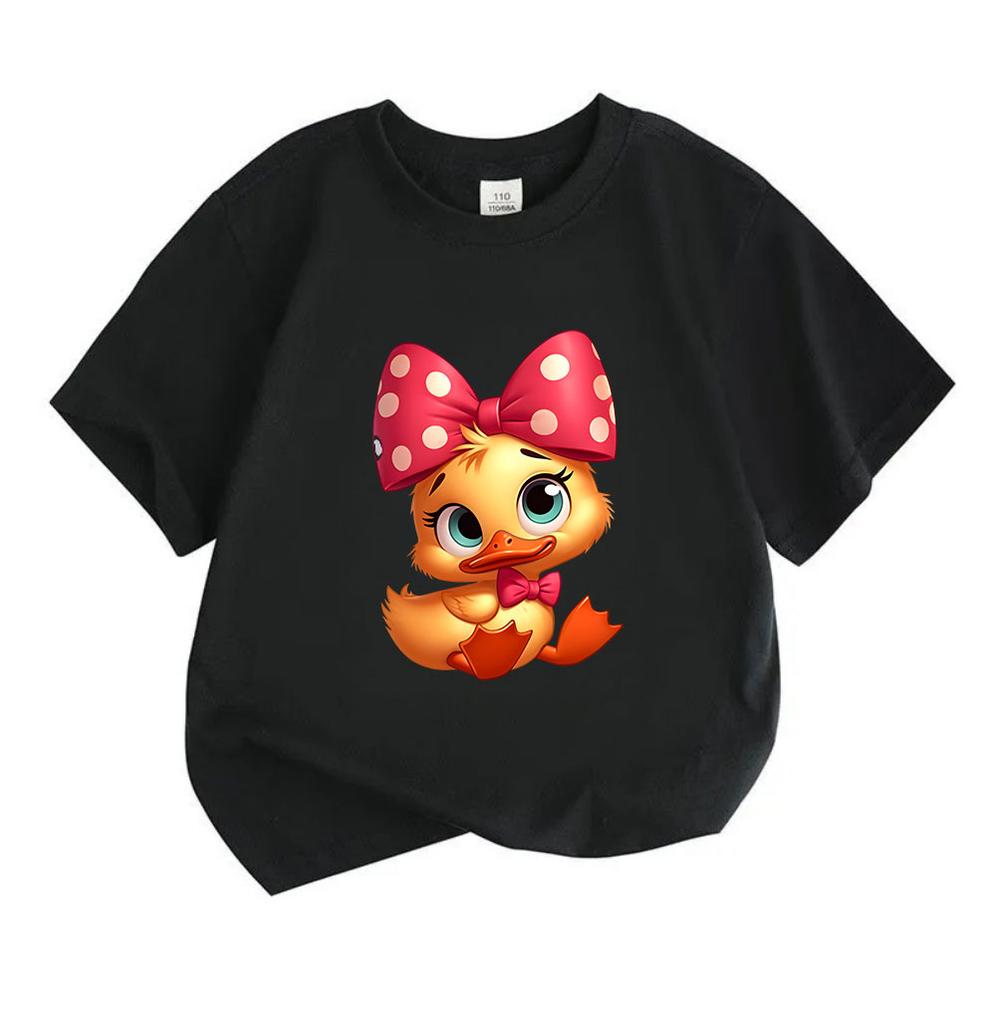 Kids Boys Girls 100% Cotton Crew Neck Short Sleeve T-Shirt, Cute Cartoon Duck with Red Polka Dot Bow Print Casual Soft Tees for Children Daily Wear