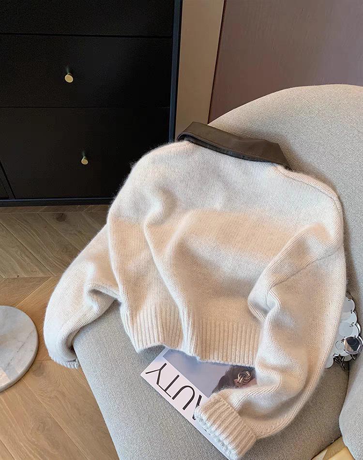 Evropský kožený svetr na zip s polo límečkem 2023: Podzimní/zimní pletený kardigan pro ženy