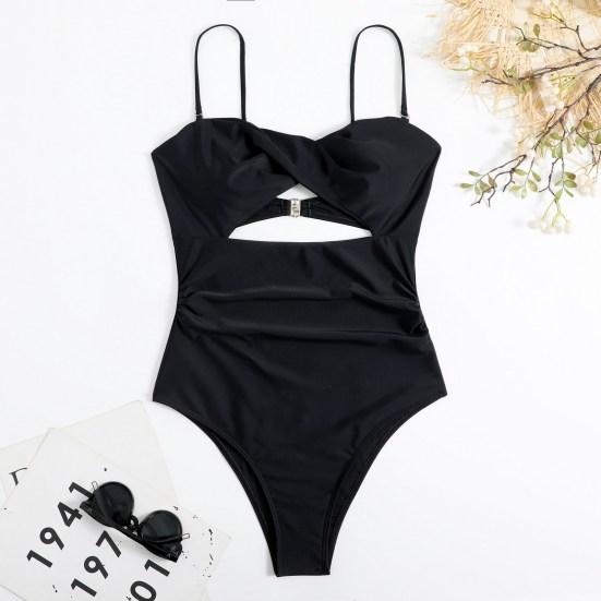 Women Monokini Hollow Out Spaghetti Strap Low-cut Backless Push Up Swimming Padded