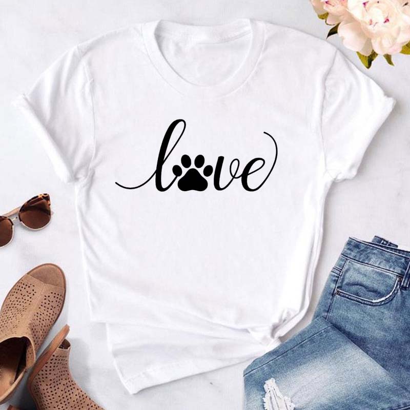 Women Dogs Paws Love Heart Printed T-shirts Fashion Summer Short Sleeve Lady Womens Clothes Tops T-Shirt Black Shirt Tees Female