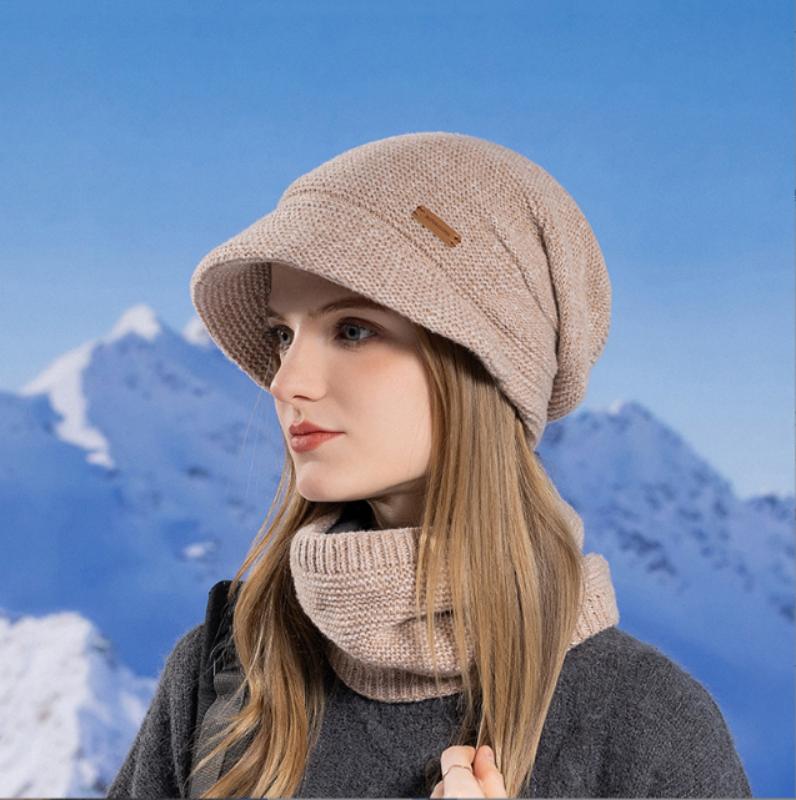 Conjunto de gorros cálidos, bufanda y gorro de invierno, gorro de punto cálido con protección contra el frío de terciopelo, conjunto de gorros de punto para mujer
