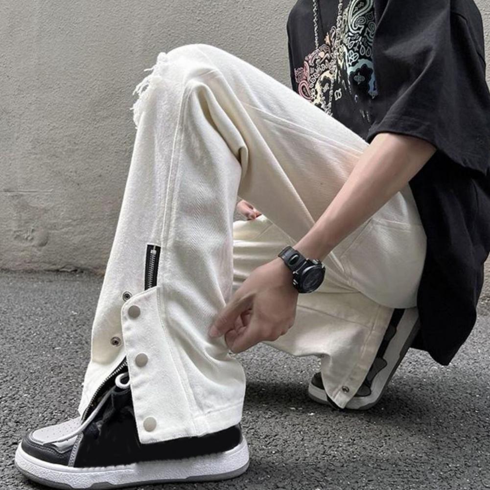 Men Summer Jeans Mid-rise Button-Zipper Fly Single Color Denim Pants Ripped Holes Side Split Cuffs High Street Style Wide Leg Jea B Practical Use