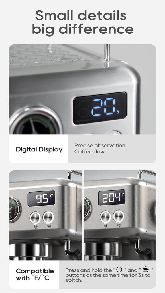 HiBREW H10A Halbautomatische Espressokaffeemaschine, 20 Bar, Kalt-/Heißkaffeemaschine, Temperatur Einstellbar, Milchaufschäumer