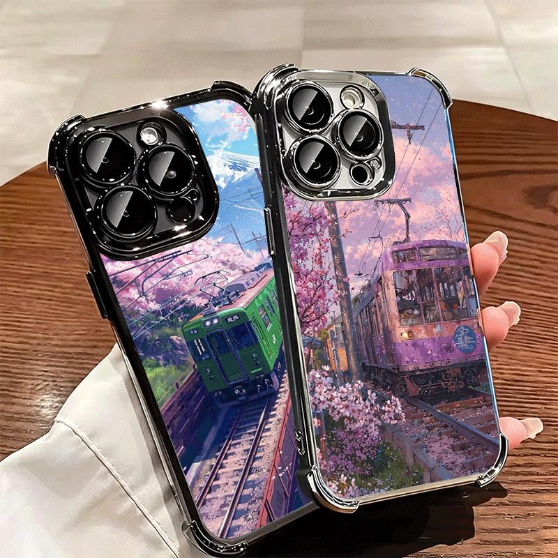 Retro Japanese Sakura Train Soft Phone Case For iPhone 15 16 17 Air 14 Pro Max 16E Plus 13 12 Mini Plating Anti-Fall Fundas