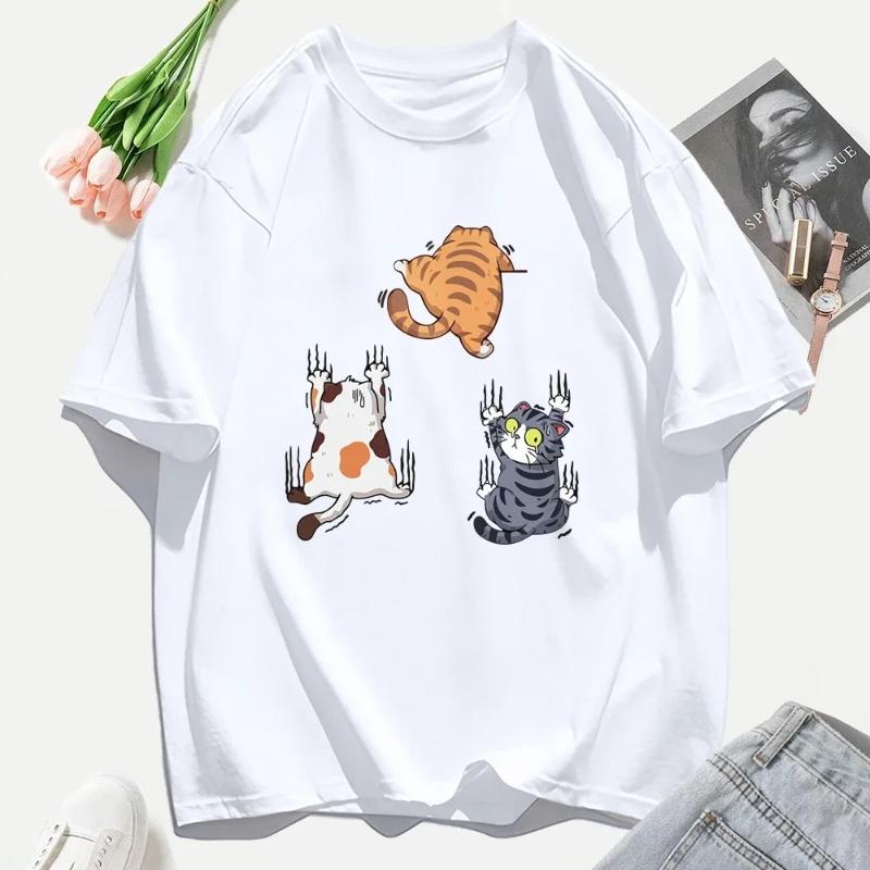 

Women T Shirts Casual Woman Clothes Crewneck Tee Tops Three Cats Climbing Upwards and Escaping Print T-Shirt XS белый