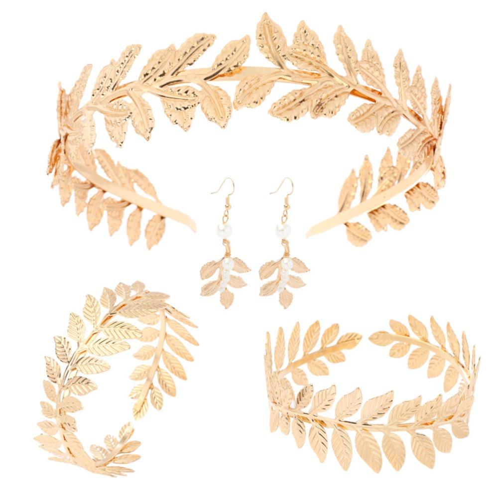 Pente de Cabelo Dourado Folhas Douradas para Noiva Pulseira de Braço Coroa de Folhas de Louro Conjunto de Joias de Deusa Festa Temática