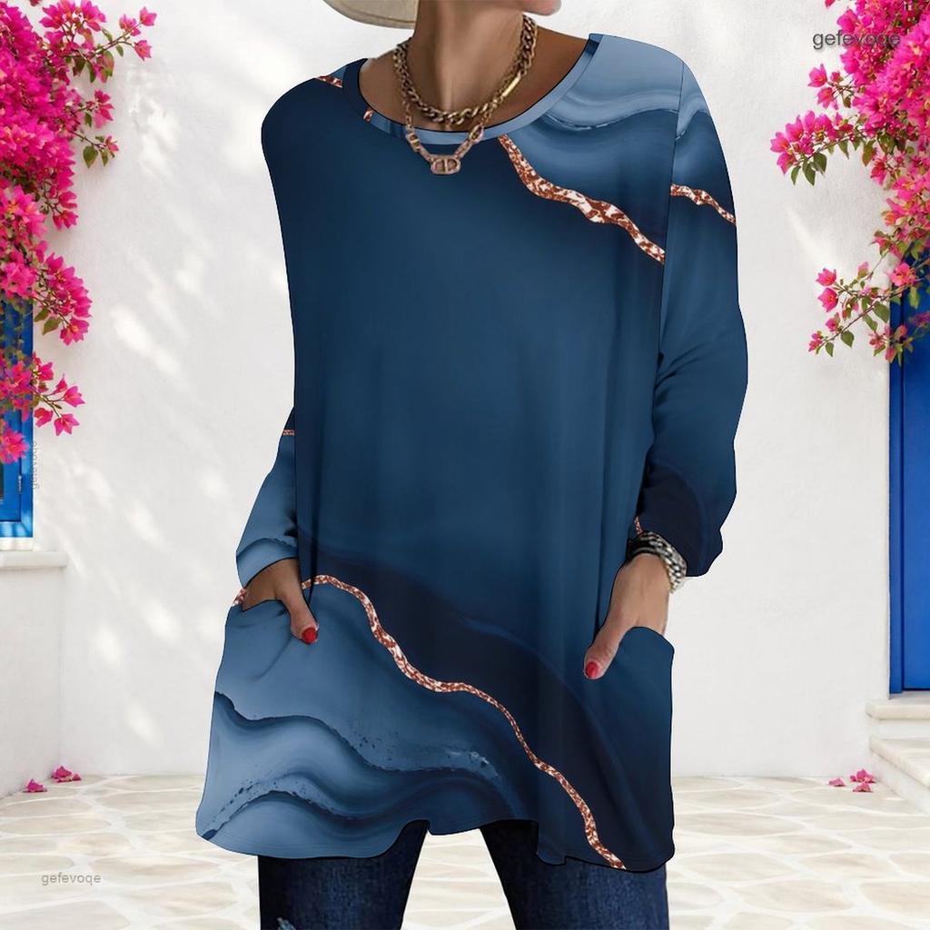 Women Plus Size Round Neck Long Sleeve Marble Printed Green Blue Gold Loose Tunic Top With Pockets