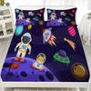 3PCS Purple Fitted Sheet Set,Soft Machine Washable with 2 Pillowcases,Cartoon Space Astronaut Dog Rocket Planet for Kids Childen