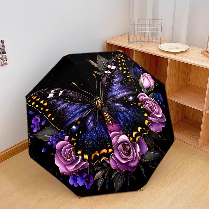 1 PC Automatic Folding Umbrella - Butterfly and Roses Pattern, Portable & Foldable Design with 8 Ribs, Christmas Birthday Gifts