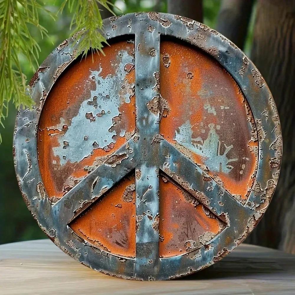 Vintage Metal Wall Art Shabby Chic Peace Sign Decor Rustic Plaque for Home