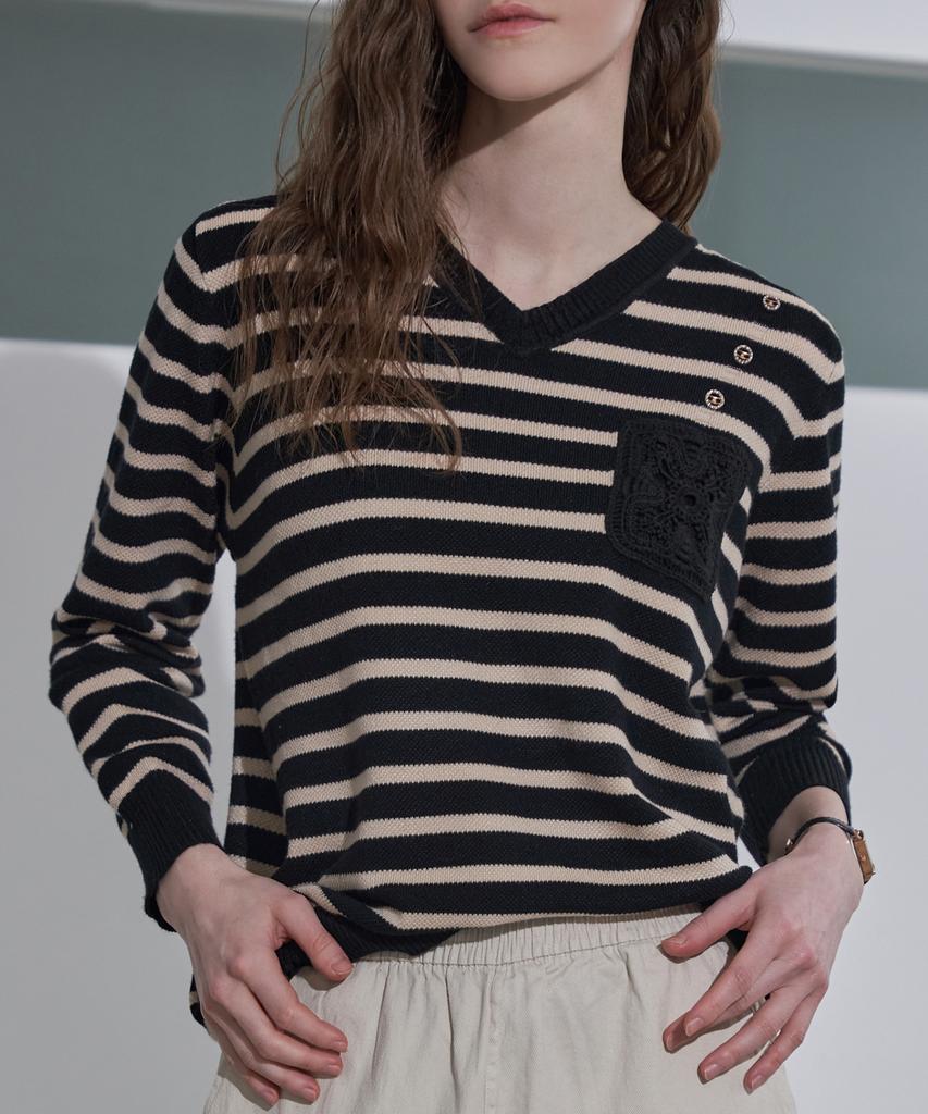 LENIC&MCCOY V-Neck Contrast Embroidered Patch Knit Mn03Kn070Fjy