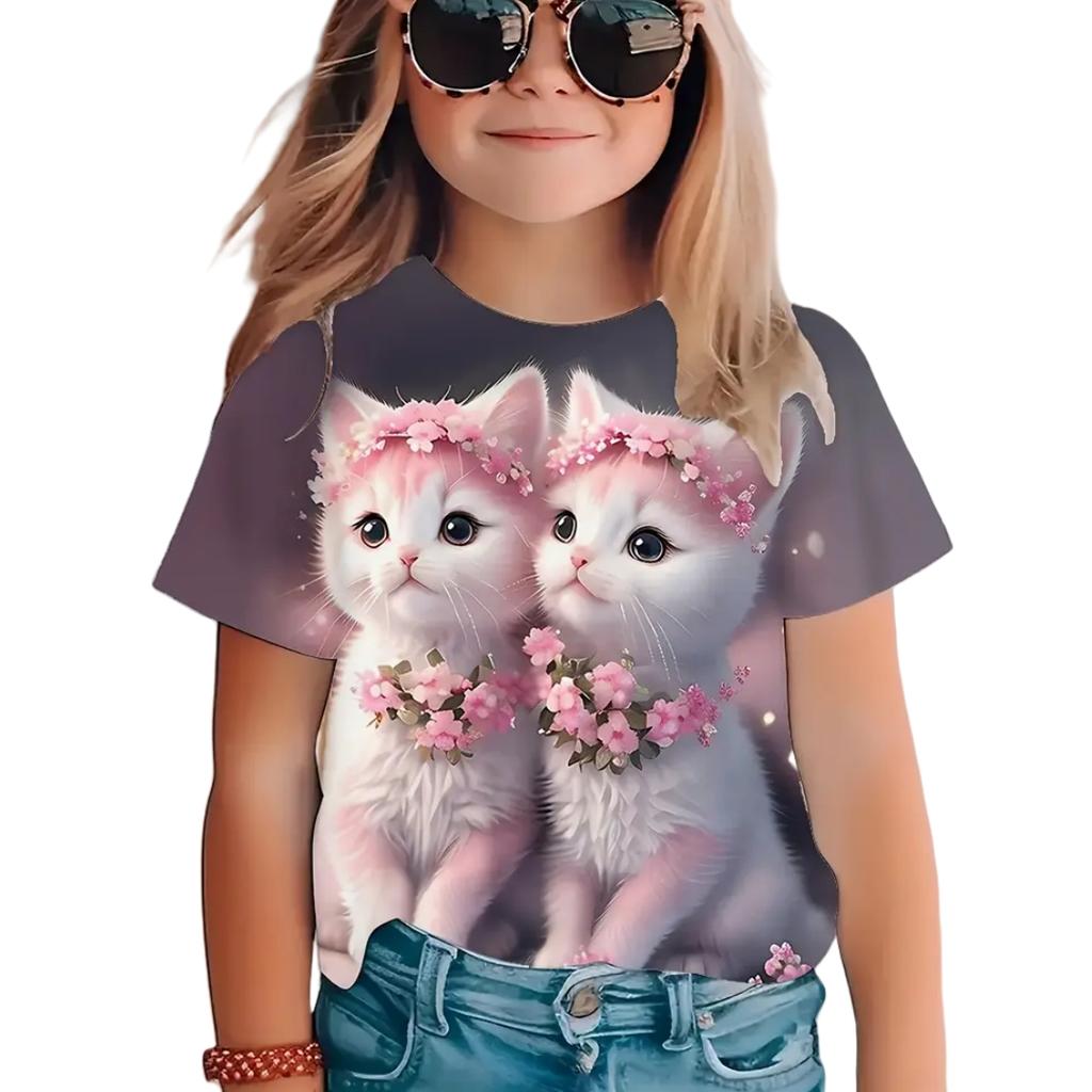 Kawaii Cat T-Shirts for Children Tops Girl Short Sleeve T-Shirt Summer Girl Clothes Crew Neck Clothing Outdoor T-Shirt for a Boy