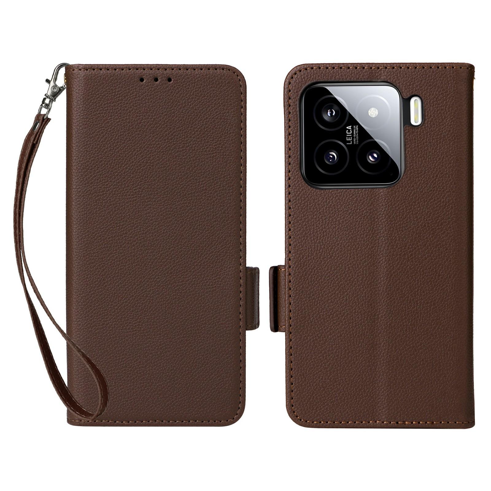 

For Xiaomi 15 Pro Case with Wrist Strap Litchi Texture PU Leather Wallet Phone Cover Brown