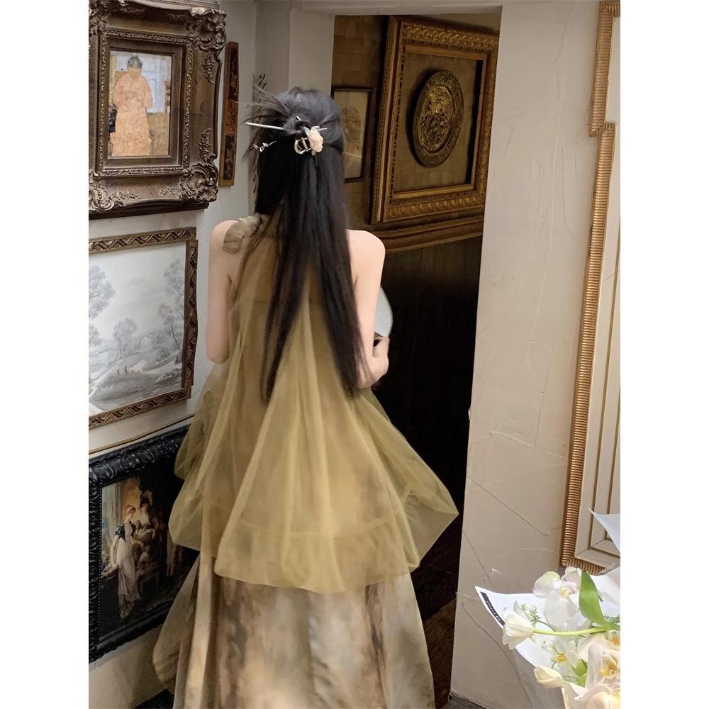 New Chinese-style Neck Mesh Tie-dye Dress for Women's Summer New Elegant Women's Design Sense Niche Fake Two-piece Long Dress