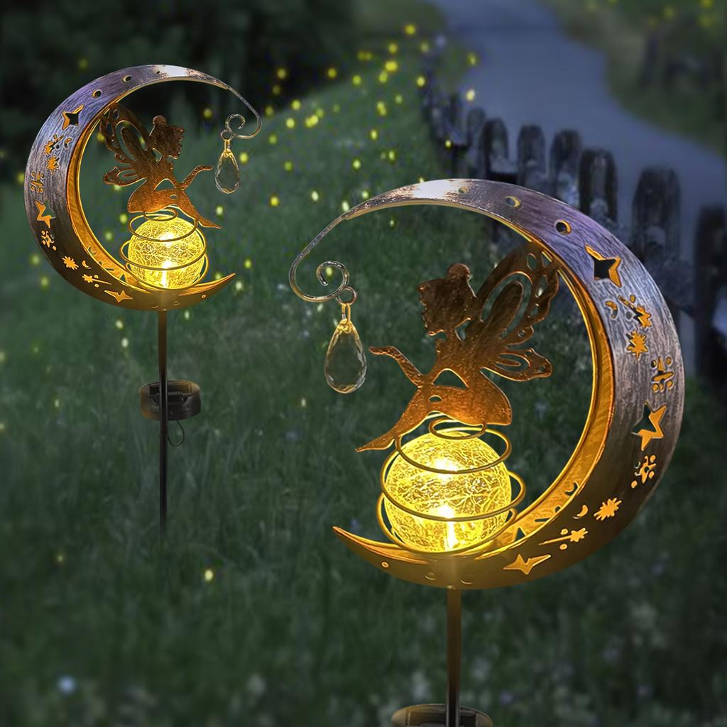 1 Pc Solar Outdoor Garden Lights The Moon and The Fairy Fairy Lights Waterproof Crackle Glass Globe Led Landscape Lighting
