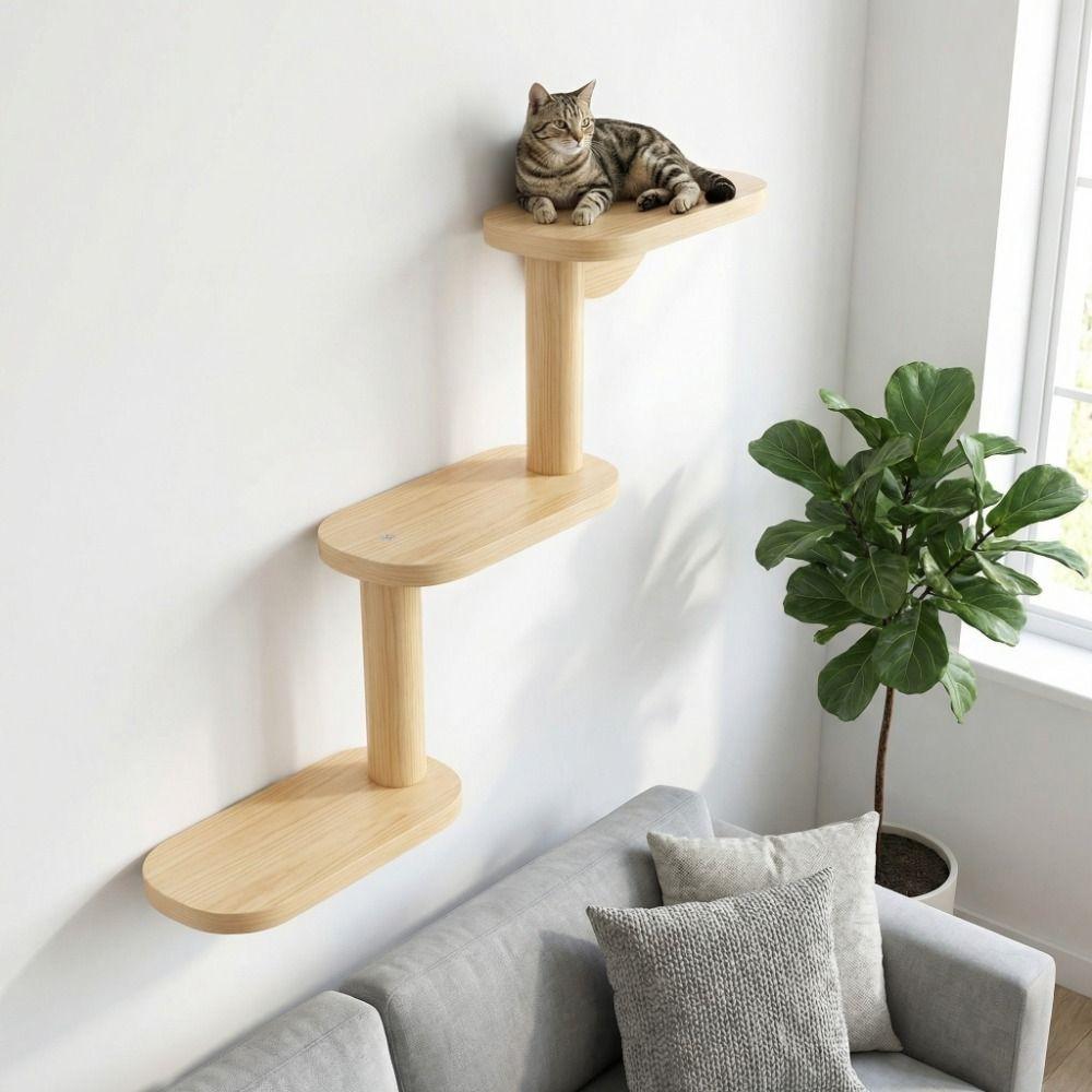 Solid Wood Cat Climbing Shelves 3-Level Floating Shelves Wall Mounted Cat Tree Space Saving Cat Sisal Scratching Post