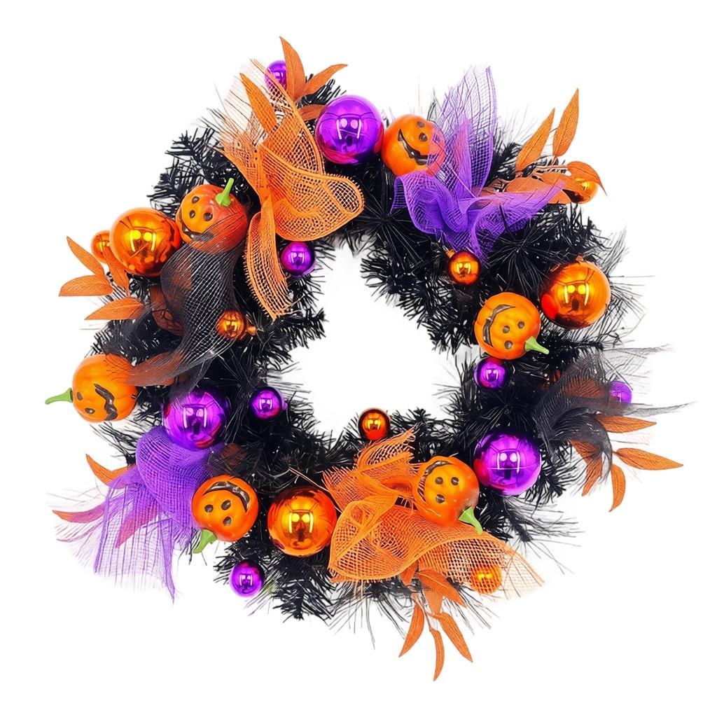 Halloween Pumpkin Wreath with Spooky Face and Lights for Front Door Decor
