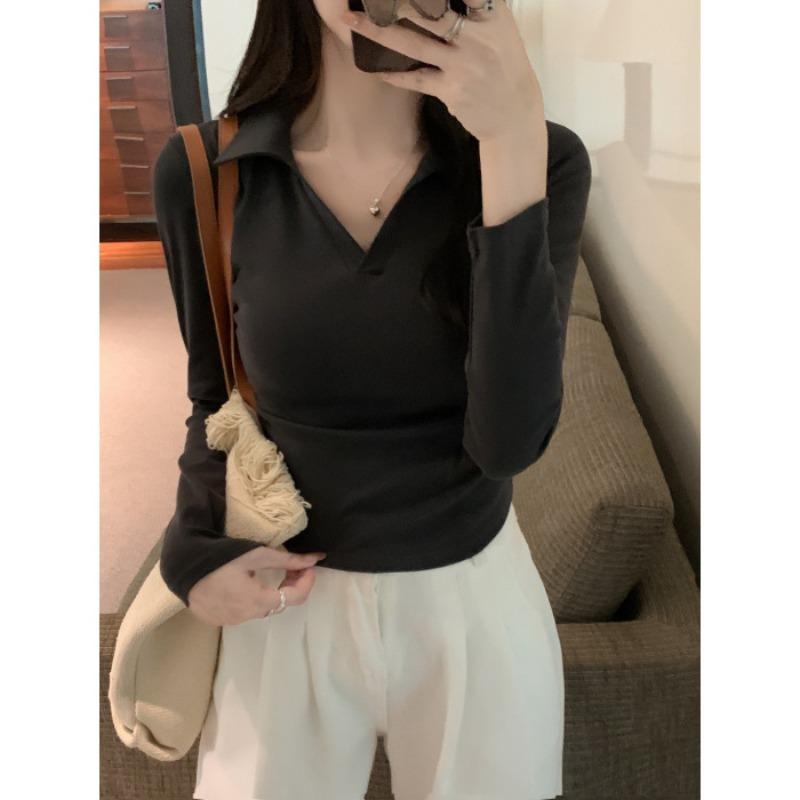 

Real shot collar PO shirt long-sleeved T-shirt women s season slim-fit short inner bottom shirt top XL темно-серого