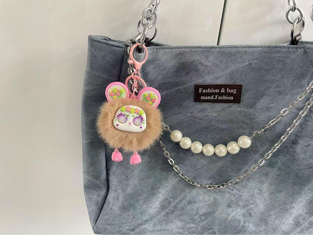 Fluffy Pompon Doll Keychain – Cute Backpack Pendant for Girls