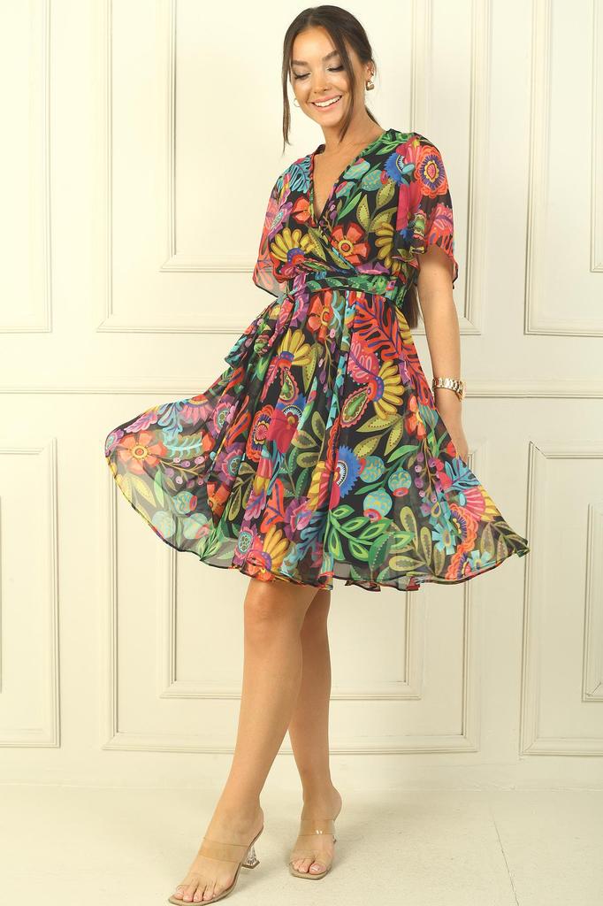 Double Breasted Collar Flounce Sleeve Lined Waist Belted Fresh Pattern Chiffon Short Dress