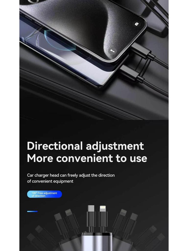 120W Aluminum Alloy Car Charger with Retractable Cable, Super Fast Charging, Four-in-One for Apple Devices