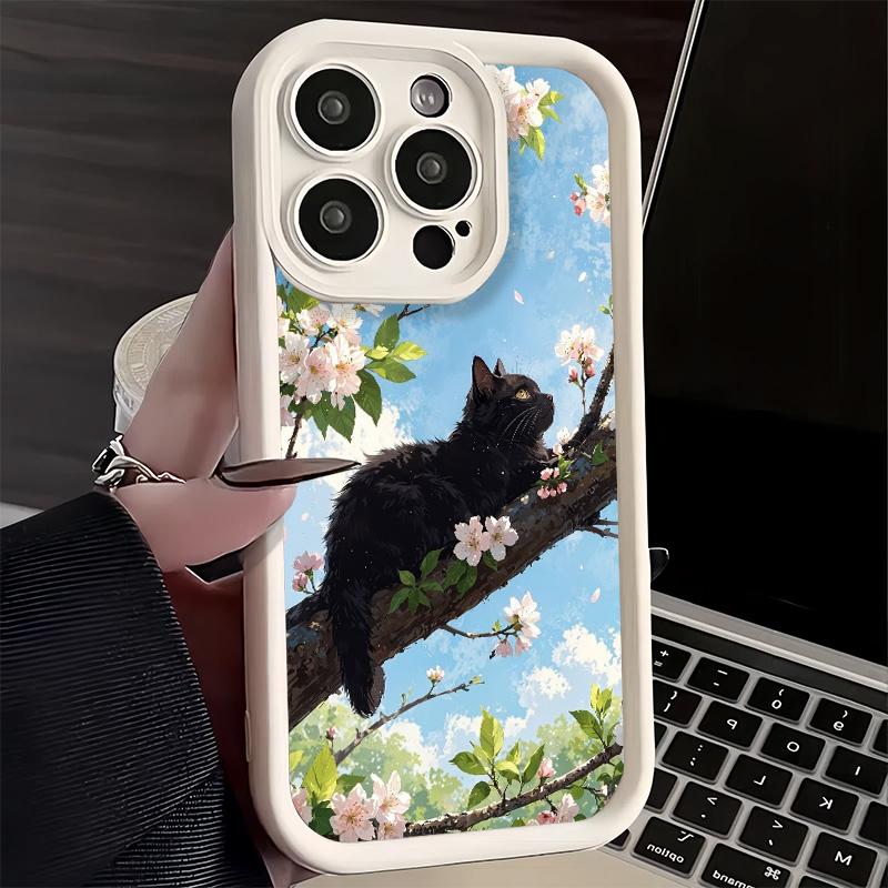 Phone Case for iPhone 17 Air 16E 15 16 Pro Max Black Cat Aesthetic Pattern Cover 14 Plus 13 12 Mini Soft Shell Silicone Fundas