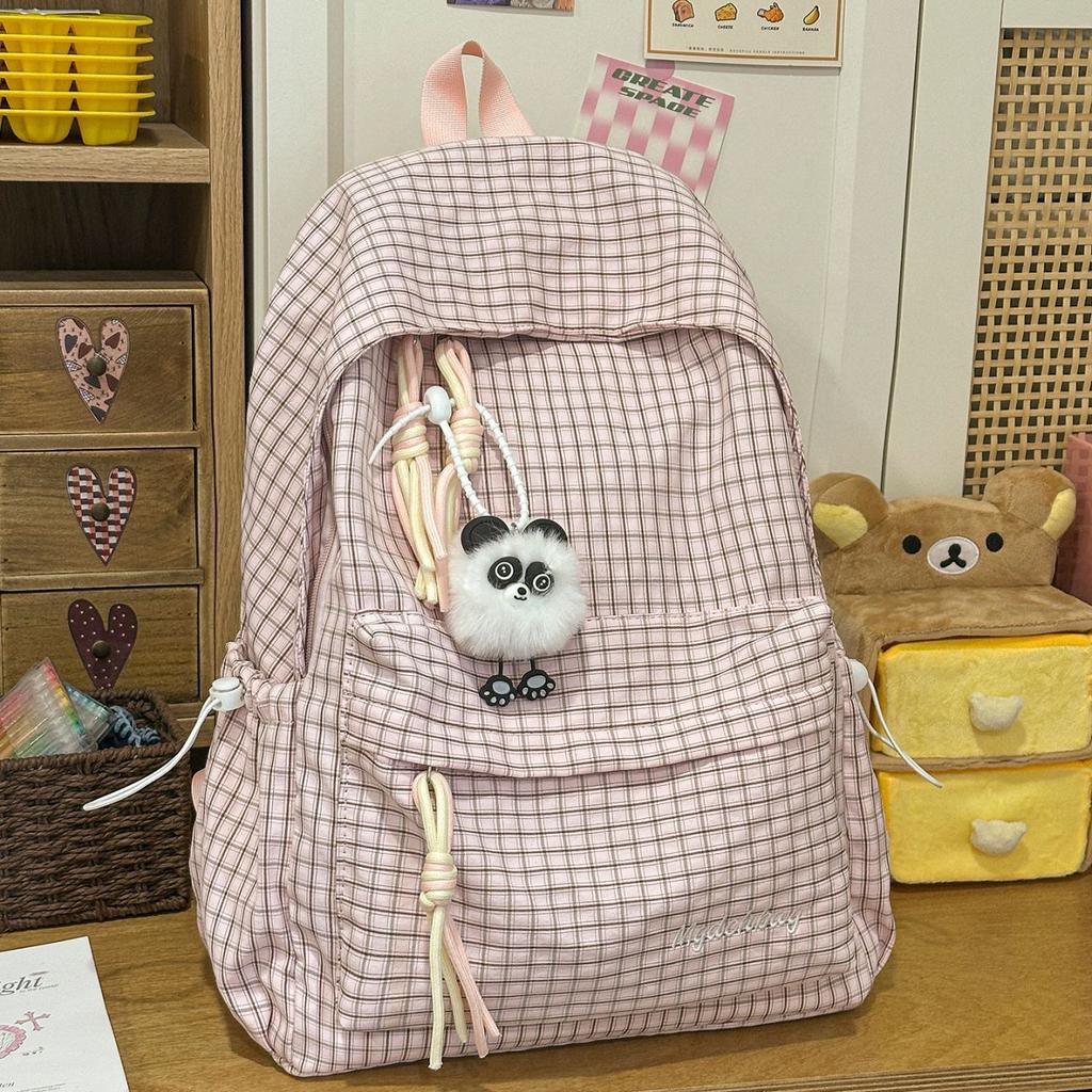 Schoolbag: Korean-style cute plaid backpack, for girls, middle and high school students, large capacity, lightweight, minimalist, INS trendy backpack