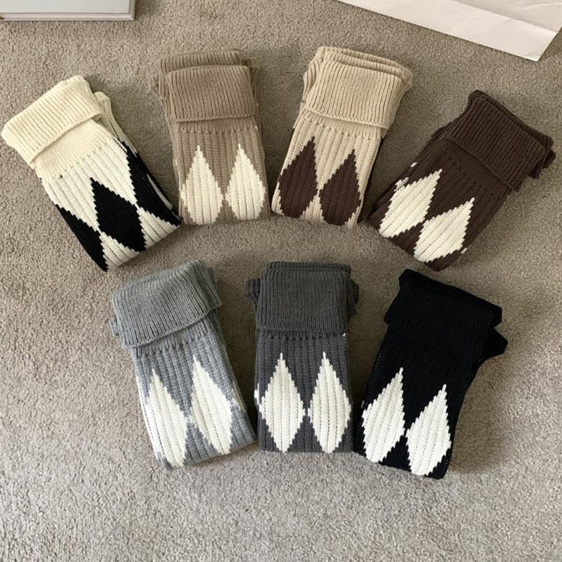 Argyle Pattern Wool Knitted Turn Cuffs Leg Warmers for Women and Students Cold Weather Foot Covers Footless Calf Socks