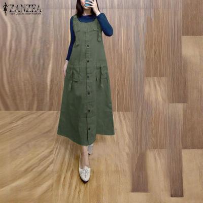 Women Overalls Sleeveless Side Pockets Square Collar Solid Color Dresses