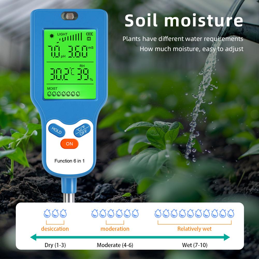 Yieryi 6 In 1 Soil PH Meter Moisture Temperature Light EC Fertility Tester Digital Garden Plant Soil Detector for Vegetable Farm