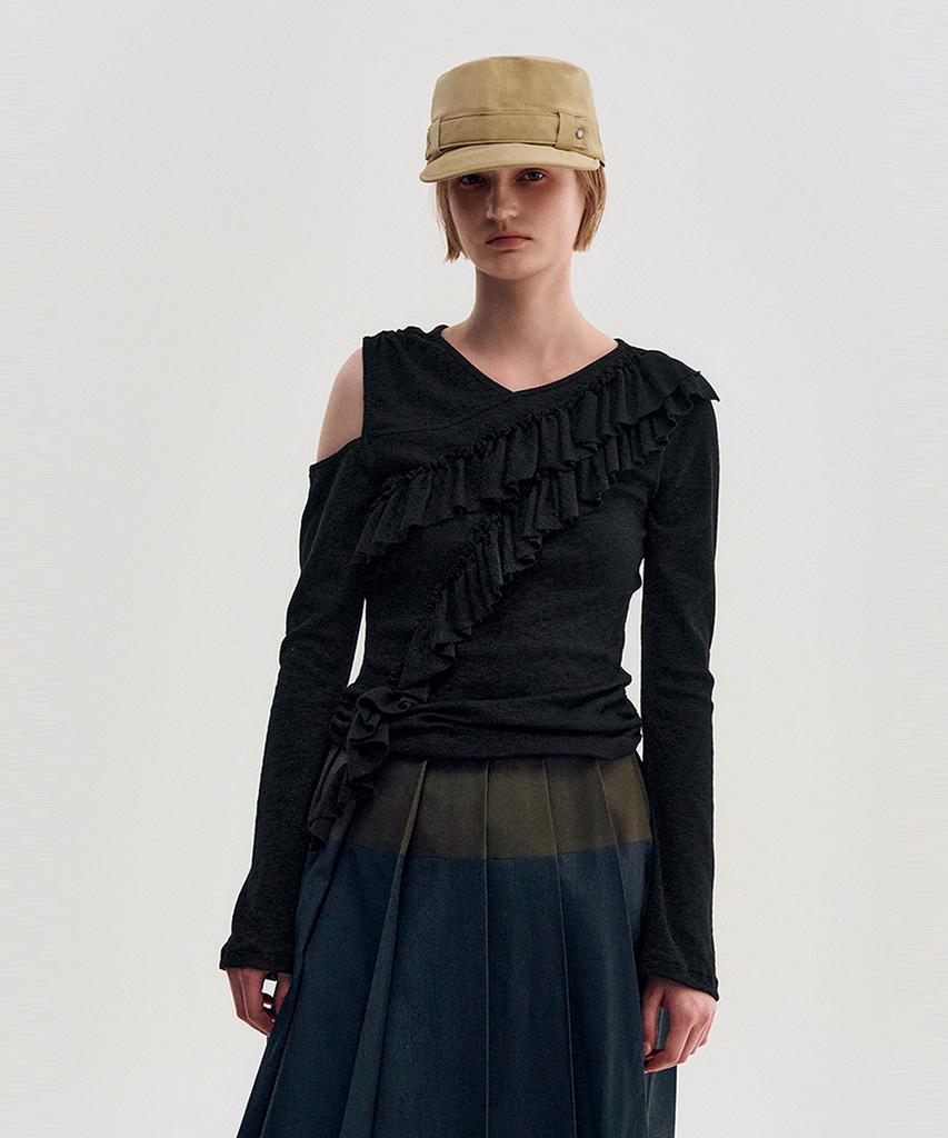Kimjisu Diagonal Ruffle Jersey Top _ Black