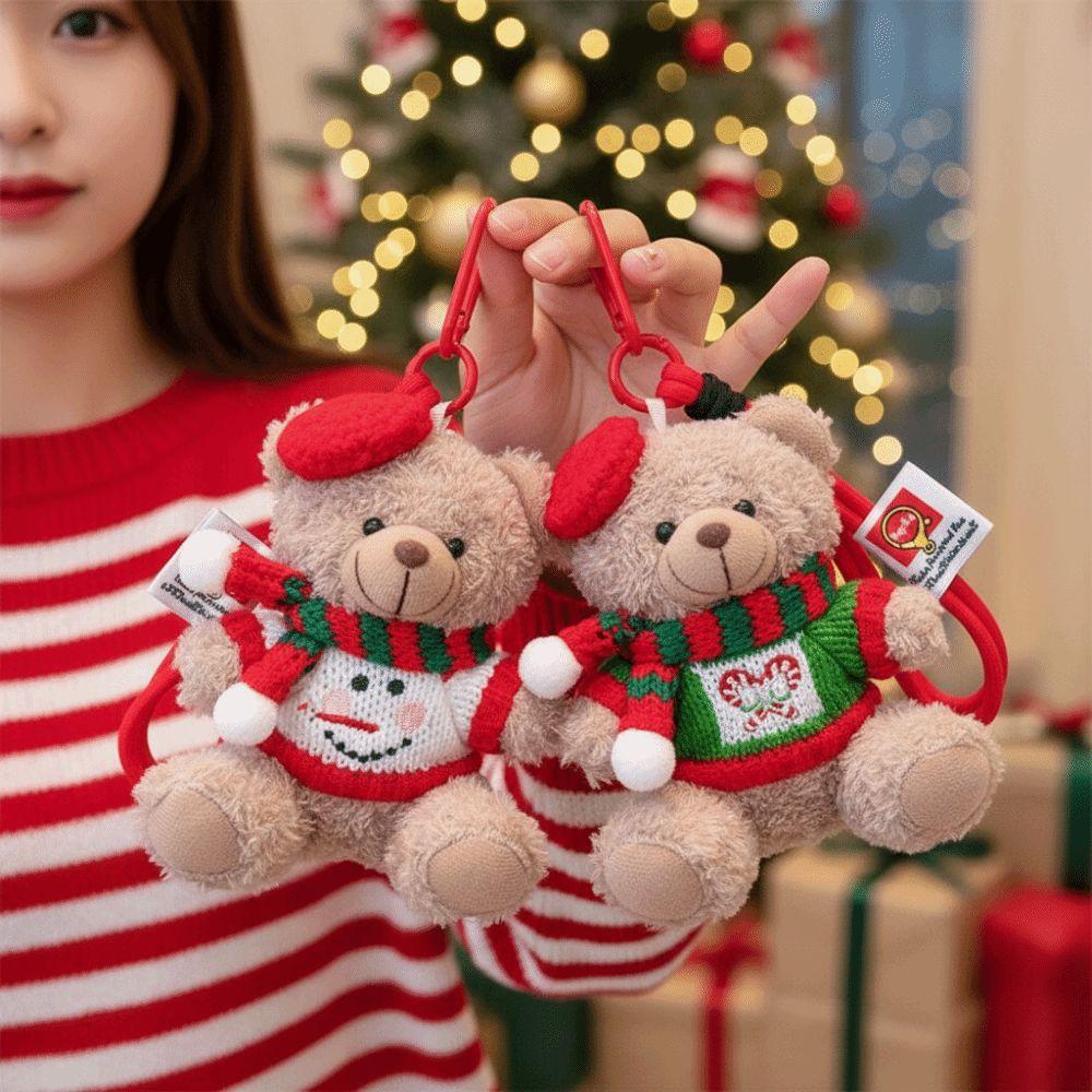 Red Beret Plush Bear Keychain Soft Plush Xmas Tree Bauble Cartoon Bag Charm  Festival Gathering