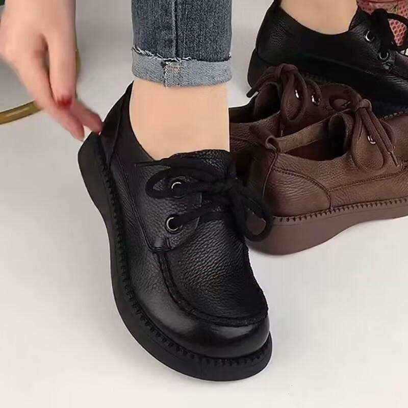 Spring and Autumn 2023 New Muffin Soles PU Deep-mouthed Mid-heel Low-top Shoes with Cross Tie Round Rubber Thick Soles Women's