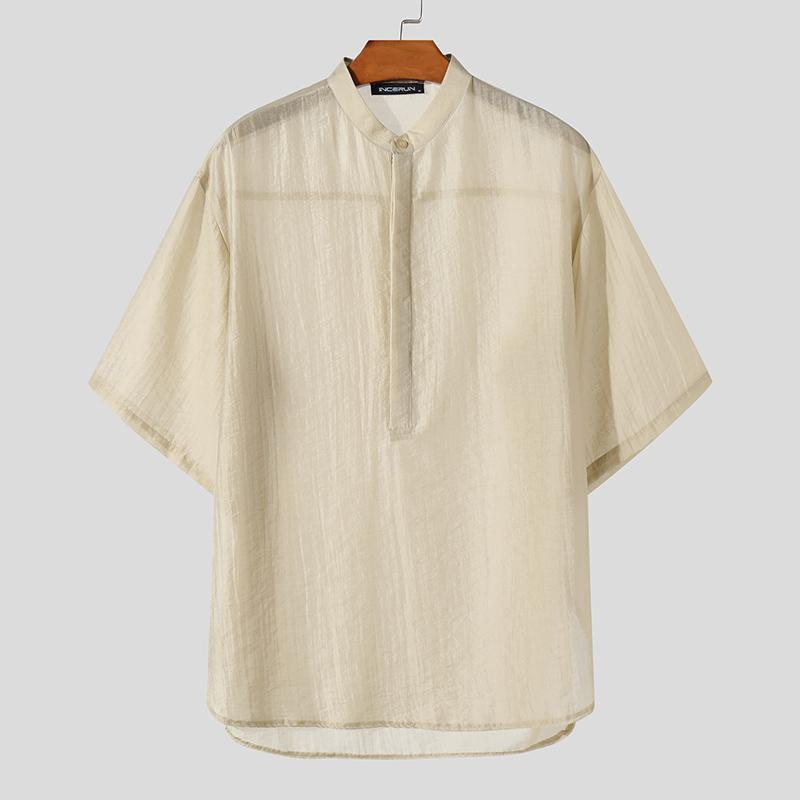

INCERUN Men Oversized Half Sleeve Thin Henley Shirt Loose Tunic Tops хакі