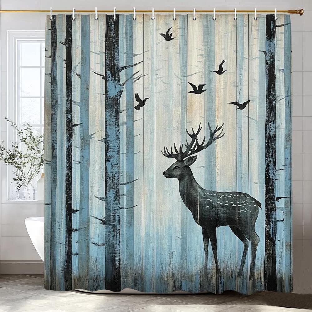 1Pc Forest Animal Deer Shower Curtain, Bathroom Decorative Shower Curtain, Printed Polyester Fabric Shower Curtain With Hooks