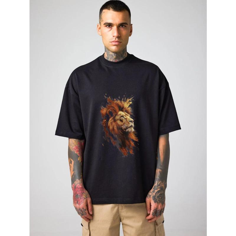 Oversized T-Shirt Black Lion Head Print Graphic Tee Men Casual Streetwear Fashion Top Unisex Daily Wear Outfit