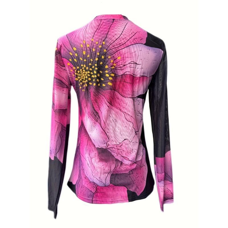 Floral Print Crew Neck Long Sleeve T-Shirt for Women - Semi-Sheer Stretch Top Purple Floral Design, High Elasticity for Spring & Fall Casual Wear