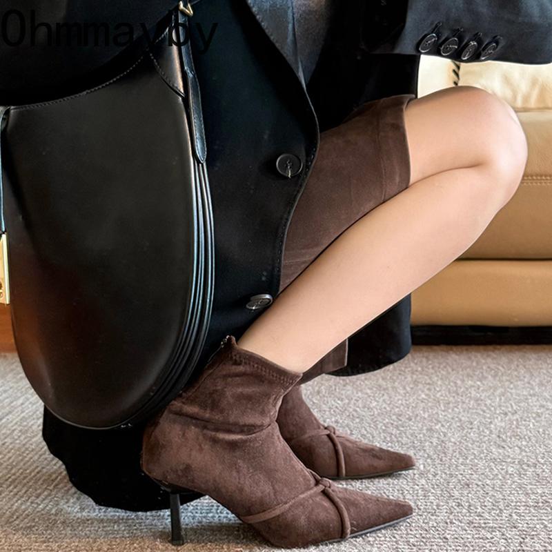 Vintage Women Ankle Boots Fashion Pointed Toe Thin High Heels Shoes Party Prom Elastic Slim Botas Para Mujer
